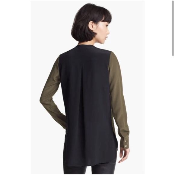 Vince Silk Olive Green and Black Two Toned Colorblock Blouse 2 - Picture 2 of 11